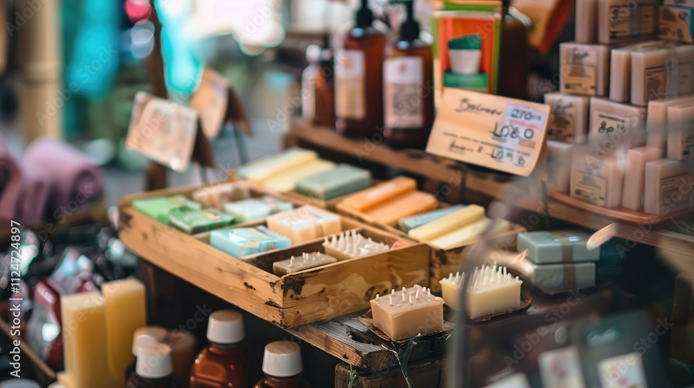 Elevated View of Tidy Product Promotion Stand, Highlighting Array of Items with Attention-Grabbing Price Tags in Sleek Minimalist Setting. Elevated View of Tidy Product Promotion Stand, Highlighting Array of Items with Attention-Grabbing Price Tags in Sleek Minimalist Setting.