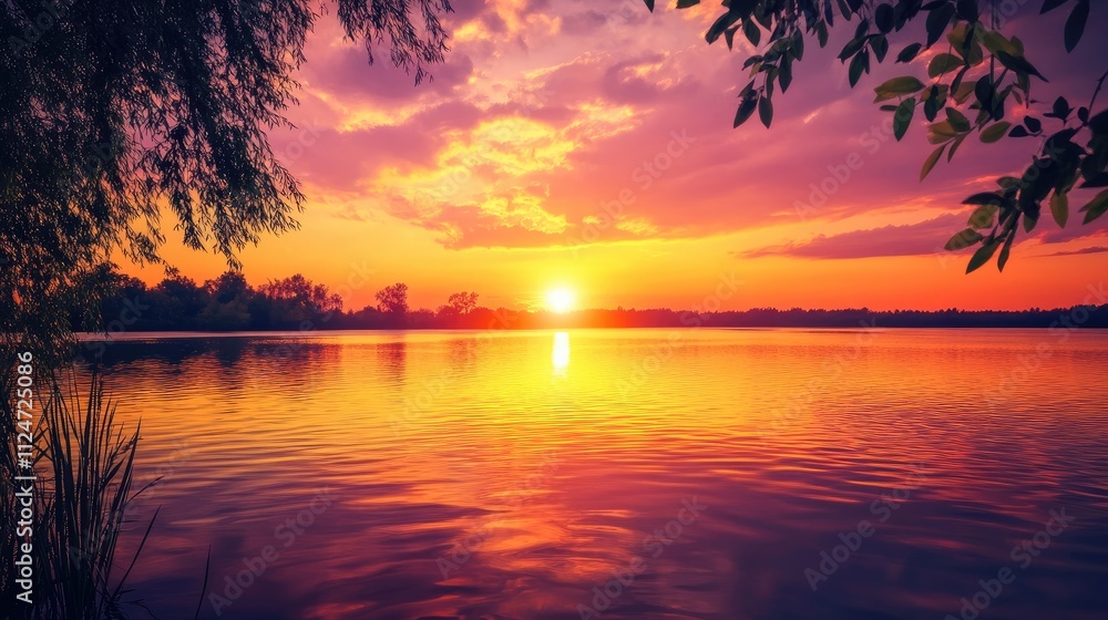 A stunning sunset over a tranquil lake, with vibrant orange and pink hues reflecting on the water's surface. A stunning sunset over a tranquil lake, with vibrant orange and pink hues reflecting on the water's surface.