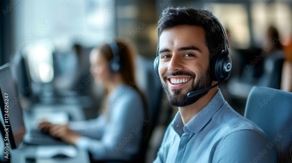 Smiling male call center agent working in busy office Smiling male call center agent working in busy office