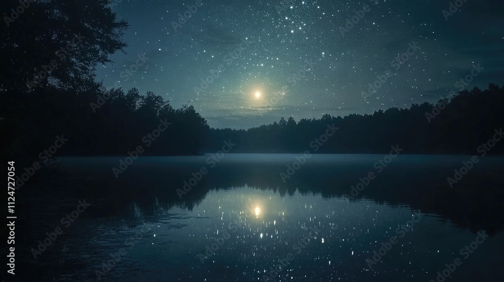 A starry night sky over a serene lake, reflecting the twinkling constellations and a glowing moon. A starry night sky over a serene lake, reflecting the twinkling constellations and a glowing moon.