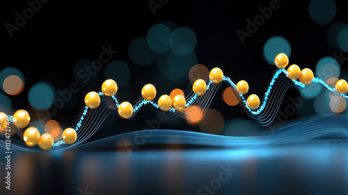 Dynamic wave pattern with yellow spheres and blue lines, representing energy flow and molecular structures