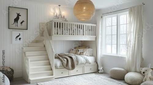 A beautifully designed Scandinavian children's bedroom featuring a loft bed, soft textiles, and minimalist decor. The soft color palette creates a cozy atmosphere.