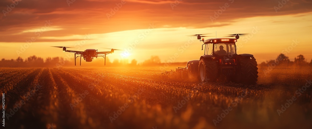 Fototapeta premium Drone and Tractor in Field at Sunset