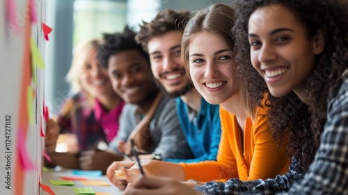 Happy diverse students collaborating on a project.