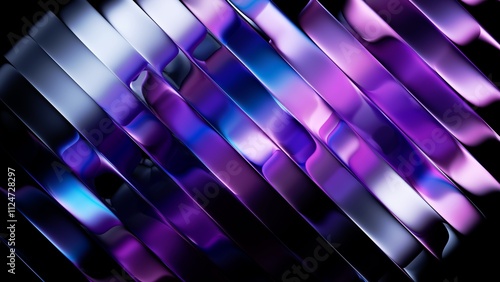 3D rendering, abstract minimalist purple background. Diagonal composition of waving metallic ribbons with a ripple effect. Iridescent foil divided into stripes. Trendy fashion wallpaper
