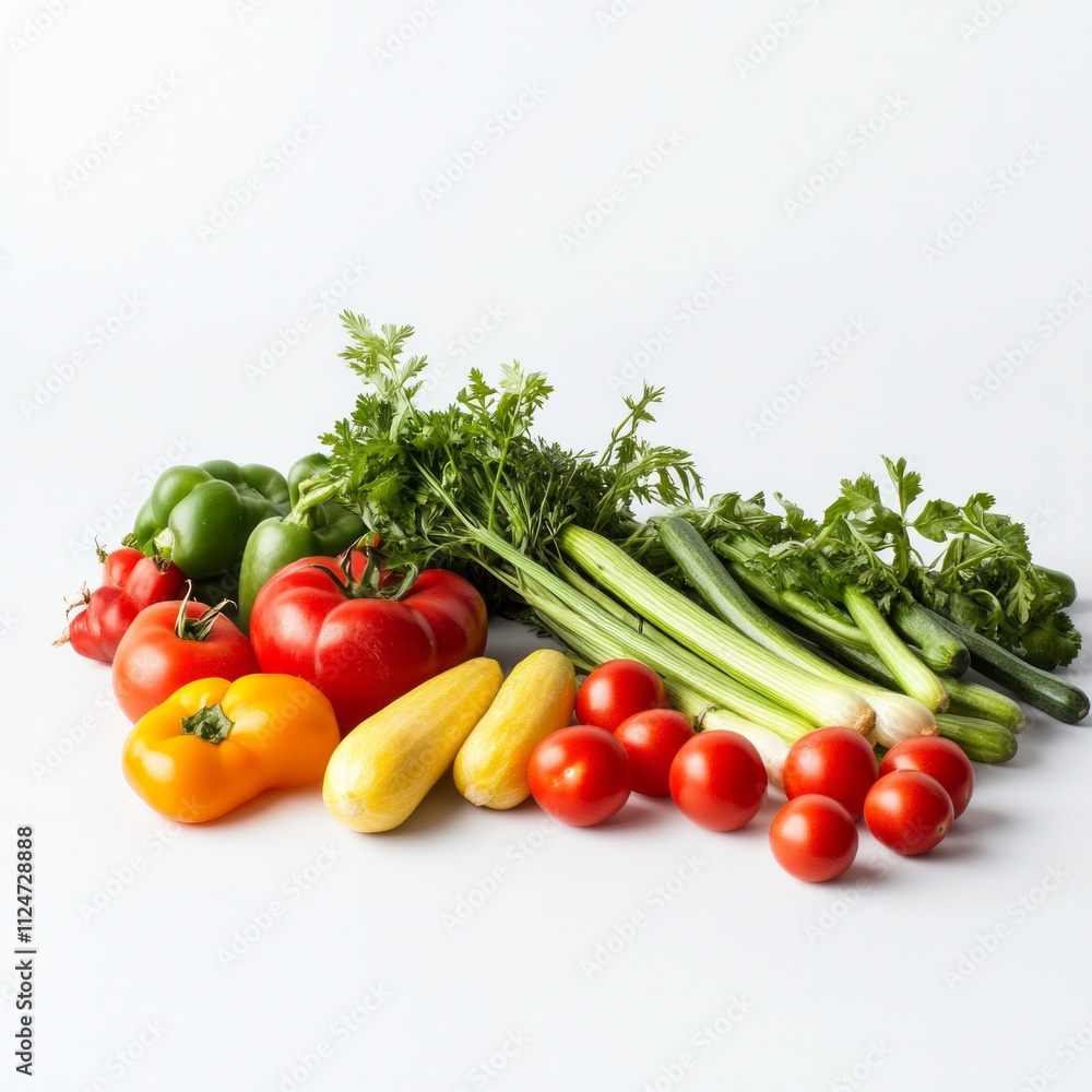 Fresh variety of colorful vegetables: tomatoes, peppers, zucchini, and herbs on a white background. Fresh variety of colorful vegetables: tomatoes, peppers, zucchini, and herbs on a white background.