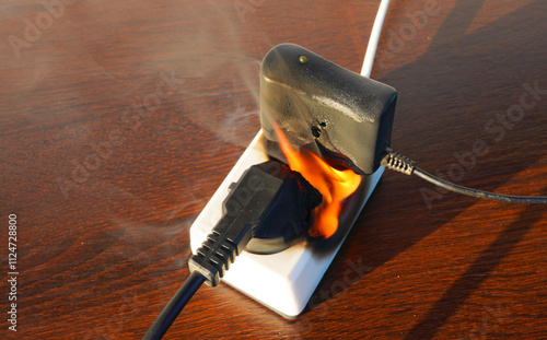 Electrical Short Circuit. Fire socket of electricity plug switch. Burning socket. Outlets, plug in fire. Short circuit in Overloaded Electrical Plug Socket. Smoke Burned plug with electric splitter.