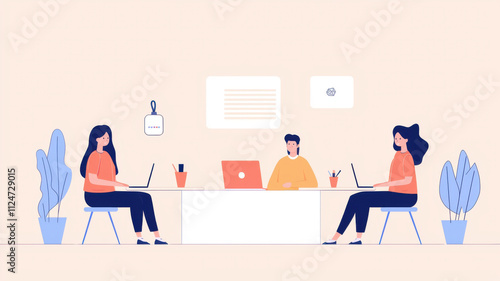 Three people working collaboratively in a modern office space.