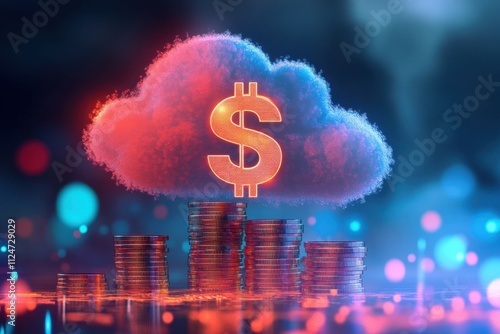 Cloud with dollar sign stacked coins cryptocurrency theme bokeh lights background photo