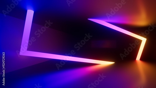 Abstract geometric background. Futuristic neon wallpaper. 3d render of a futuristic corridor with glowing lights in purple, blue, and orange hues. Walls reflect the vibrant colors