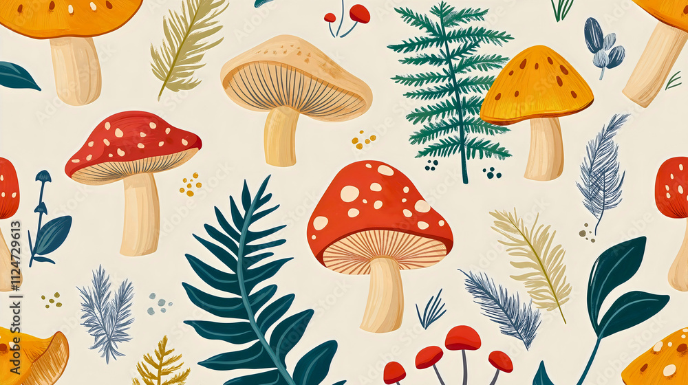 Whimsical Hand-Drawn Illustration of Colorful Mushrooms, Foliage, and Wild Plants, Featuring Earthy Tones and Organic Shapes for a Rustic, Nature-Inspired Pattern Whimsical Hand-Drawn Illustration of Colorful Mushrooms, Foliage, and Wild Plants, Featuring Earthy Tones and Organic Shapes for a Rustic, Nature-Inspired Pattern