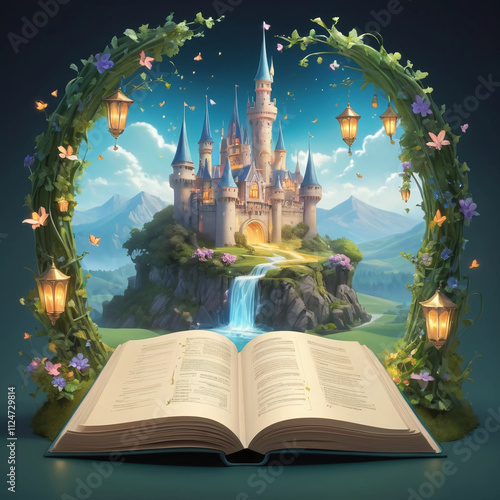 Wallpaper Mural Enchanting castle with flowing waterfall illustrated in an open book surrounded by flowers and glowing lanterns Torontodigital.ca