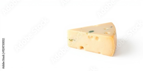 A single piece of cheese isolated on a white background, showing its texture and color variations, dairy