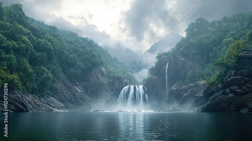 A serene scene of Dudhsagar Falls viewed from a distance, with rain clouds gathering overhead, enhancing the dramatic atmosphere of the landscape. photo