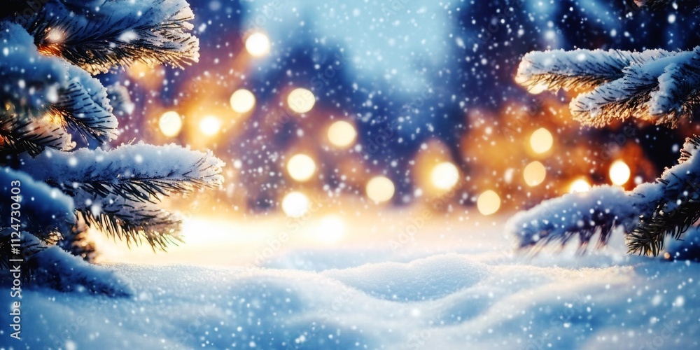 enchanting snowy scene with fir branches, glowing christmas lights, and bokeh effect in a peaceful winter night snowfall, perfect for holiday cards enchanting snowy scene with fir branches, glowing christmas lights, and bokeh effect in a peaceful winter night snowfall, perfect for holiday cards