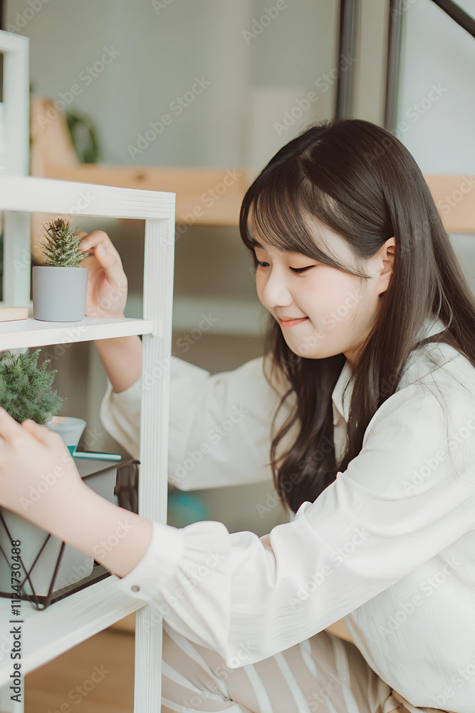 A Japanese teenage girl arranging small plants on a shelf in her minimalistic room A Japanese teenage girl arranging small plants on a shelf in her minimalistic room