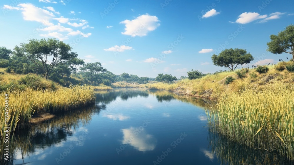 A serene landscape of Gir Forest with a winding river reflecting the clear blue sky, flanked by tall grass and rich biodiversity. A serene landscape of Gir Forest with a winding river reflecting the clear blue sky, flanked by tall grass and rich biodiversity.