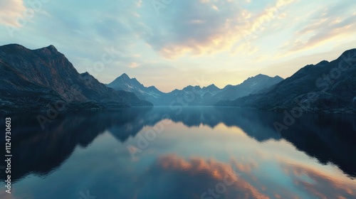 A serene mountain vista at sunset, with peaks bathed in golden light and a calm lake mirroring the colors of the sky.