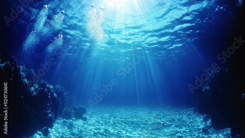 underwater ocean scene with sunlight beaming through clear blue water, perfect for diving, scuba exploration