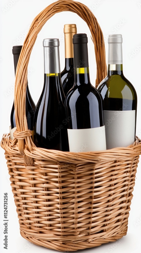 A stylish wine basket with two bottles sits against a warm, minimal background, perfect for advertising wine products in a shop A stylish wine basket with two bottles sits against a warm, minimal background, perfect for advertising wine products in a shop