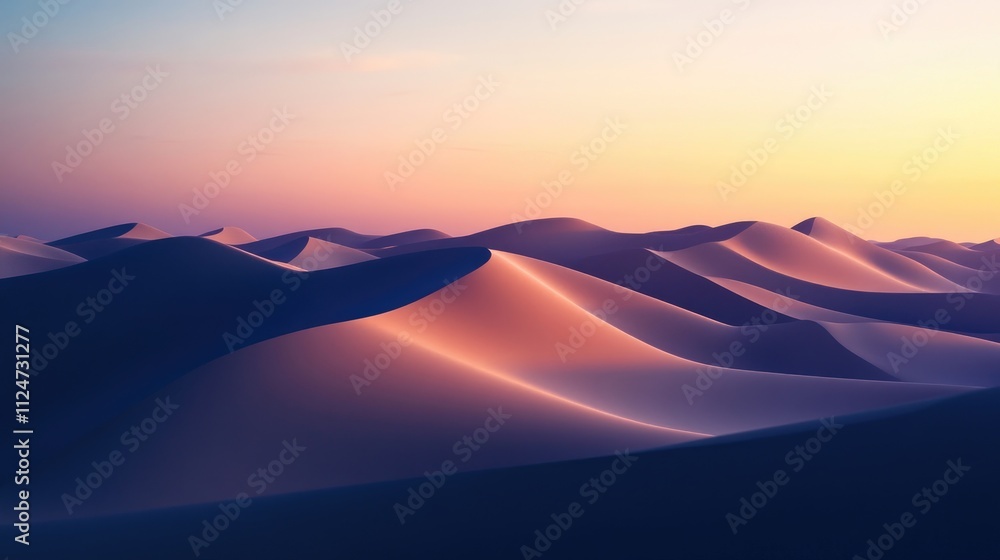 A serene desert landscape at dawn, with towering sand dunes illuminated by soft golden light and a gradient sky transitioning from dark blue to warm orange. A serene desert landscape at dawn, with towering sand dunes illuminated by soft golden light and a gradient sky transitioning from dark blue to warm orange.
