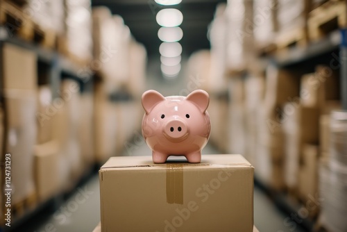 Cute pink piggy bank sitting on a cardboard box warehouse setting photo