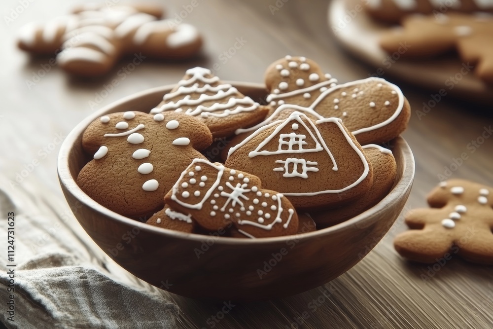 Christmas treats: chocolate cookies in a wooden bowl on an oak table, with ample room for text.