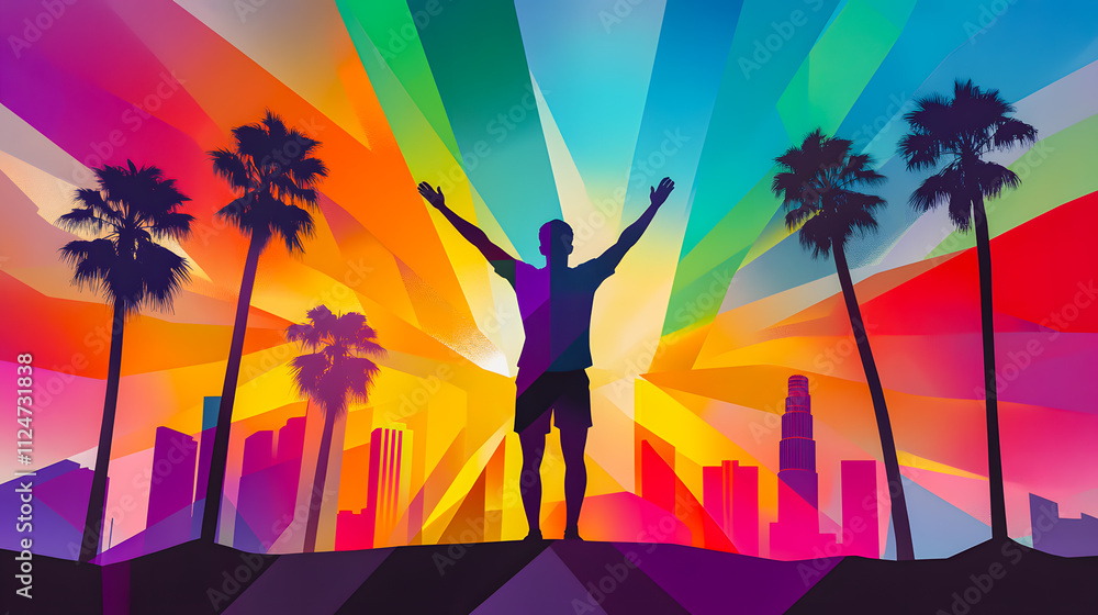 Silhouette of a victorious athlete standing on the podium with raised arms, set against a vibrant abstract landscape and the Los Angeles skyline, symbolizing triumph at the 2028 Olympic Games