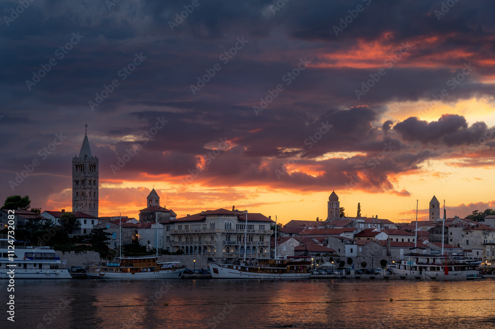 Fototapeta premium Town of Rab at sunset with dramatic sky