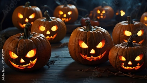 Jack O' Lanterns' eyes trick or treat on Halloween Samhain All Hallowe'en eerie horror All Saints' Eve All Hallowe'en Background of the Ghost Demon on October 31