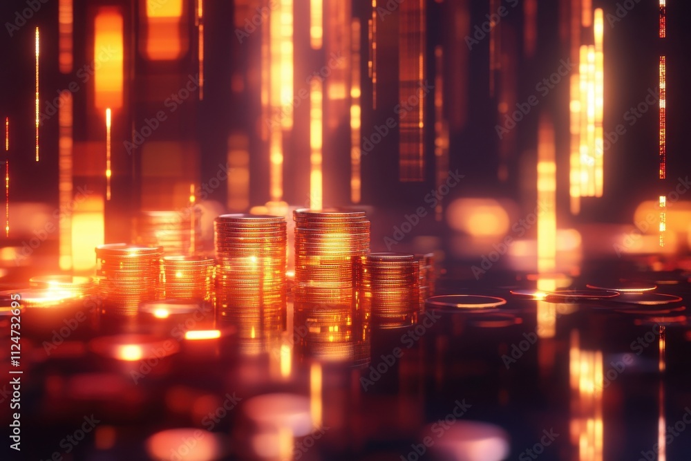 Financial graph stacked coins glowing charts digital stock market display Financial graph stacked coins glowing charts digital stock market display
