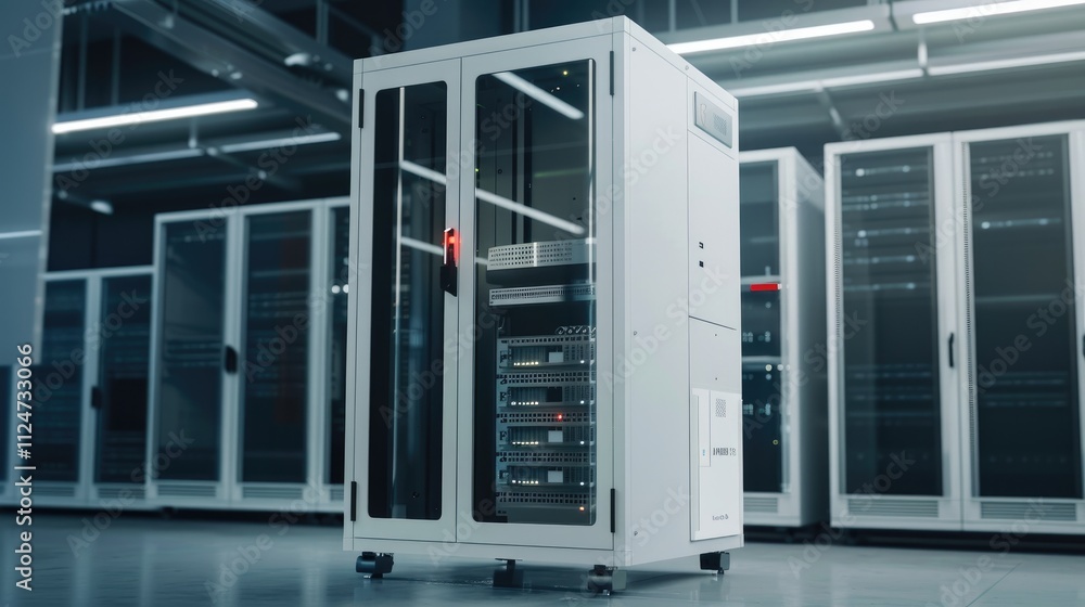 Advanced Tech Game Server Cabinet with Efficient Cooling, Neat Cable Network, and Modern Data Center Backdrop. Advanced Tech Game Server Cabinet with Efficient Cooling, Neat Cable Network, and Modern Data Center Backdrop.