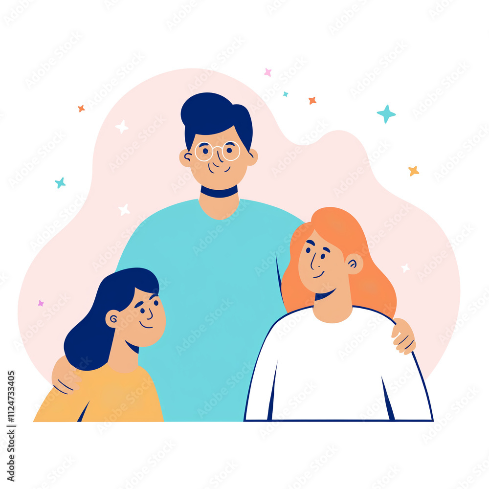 Happy big family standing together in a flat illustration style, including grandma, grandpa, mom, dad, children, and a pet. Smiling cartoon characters happily gathered as a group Happy big family standing together in a flat illustration style, including grandma, grandpa, mom, dad, children, and a pet. Smiling cartoon characters happily gathered as a group