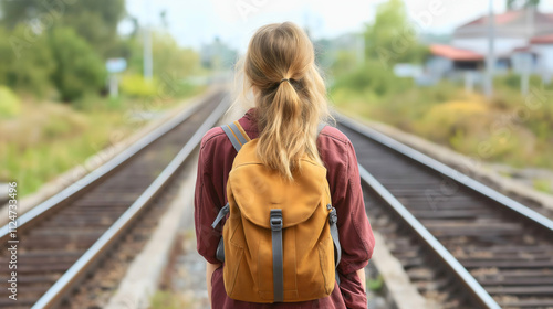 A backpacking girl standing by the railway tracks, looking ahead with a sense of adventure and wanderlust, ready for her train journey through a serene countryside landscape.