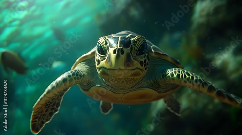 Portrait of a happy sea turtle swimming underwater. Generative AI