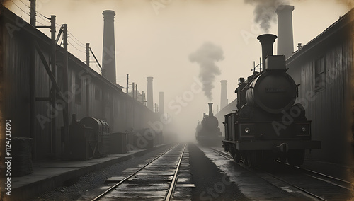 A faded black and white image captures a moment from the past industrial era of the late nineteenth century._00001_
