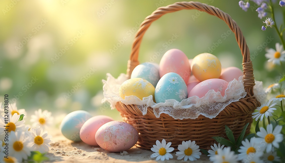 Pastel Easter Eggs in Basket with Daisies Spring Holiday Pastel Easter Eggs in Basket with Daisies Spring Holiday