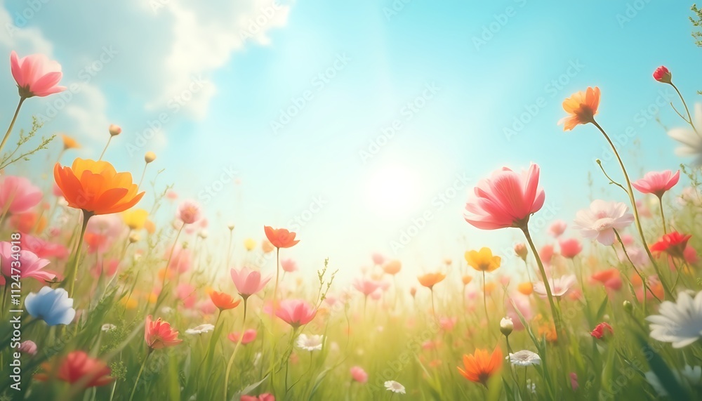 Naklejka premium Vibrant Spring Flowers Meadow Sunny Day Blooming Cosmos