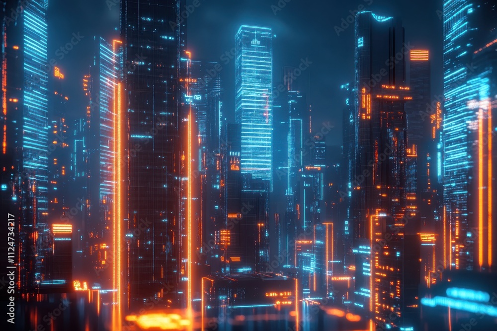 Fototapeta premium Futuristic financial chart glowing data lines digital display cityscape background