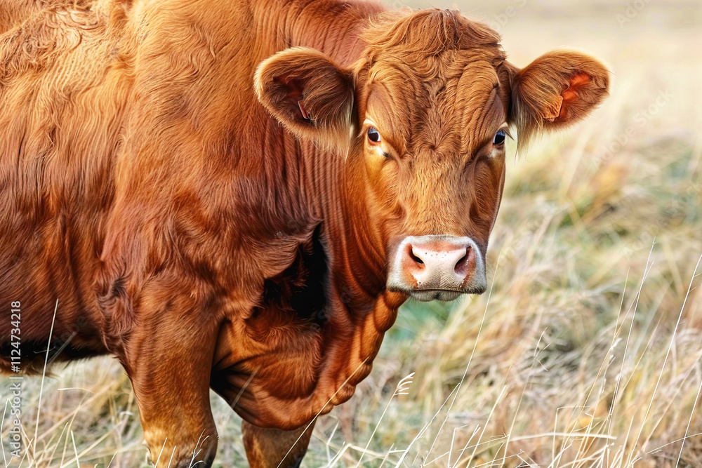 Red Aberdeen Angus cow grazing in a sunny pasture during the afternoon in rural landscape Red Aberdeen Angus cow grazing in a sunny pasture during the afternoon in rural landscape
