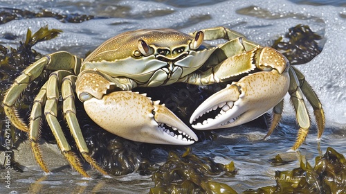 A close-up of a crab on the shore, surrounded by seaweed and ocean waves. photo