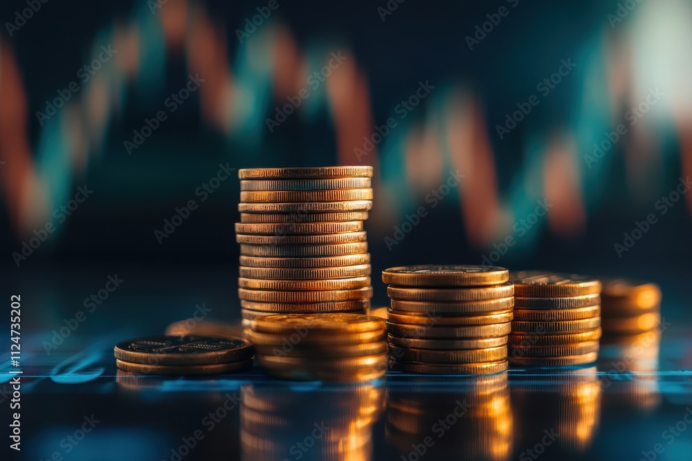 Gold bar stacked coins financial chart background paper currency wealth, trading economics