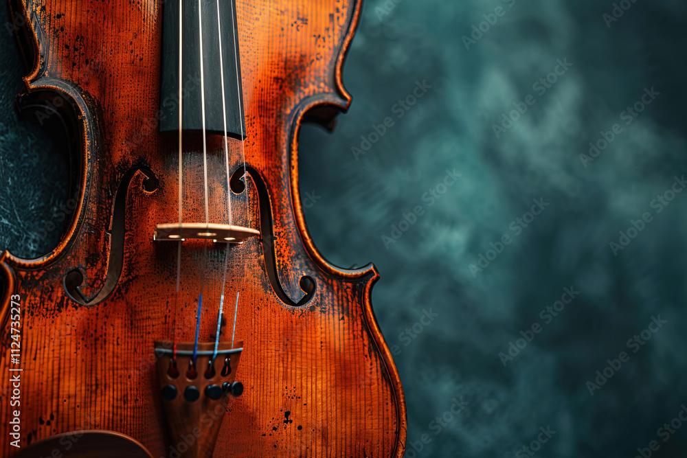 Close up of a finely crafted violin with intricate details on a textured background Close up of a finely crafted violin with intricate details on a textured background