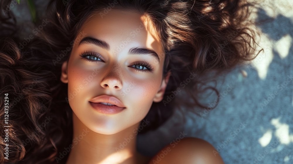 Close-up of a young woman with beautiful curly hair lying on the ground in natural light Close-up of a young woman with beautiful curly hair lying on the ground in natural light