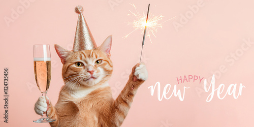 Fototapeta Naklejka Na Ścianę i Meble -  Happy new Year, new year's eve, new year, silvester party, celebration, new year card, greeting card with text - Funny cat animal with sparkler and champagne glass, isolated on pink background