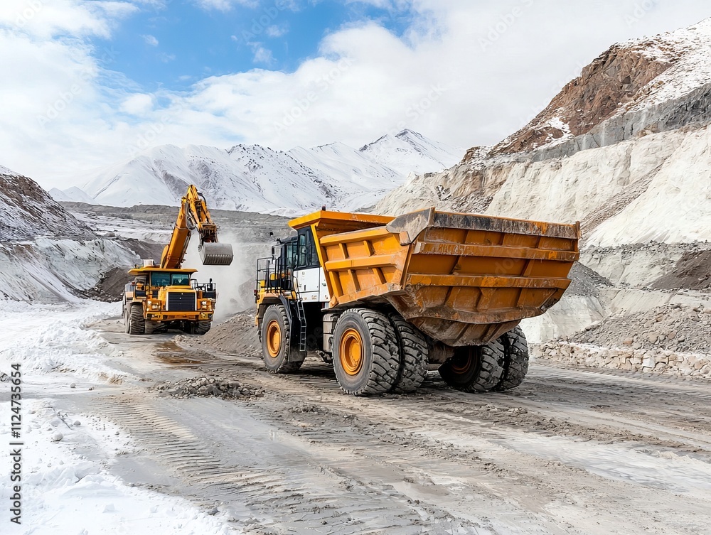 Heavy machinery operates in a snowy mining site, showcasing a dump truck and excavator in action against a backdrop of rocky terrain. Heavy machinery operates in a snowy mining site, showcasing a dump truck and excavator in action against a backdrop of rocky terrain.