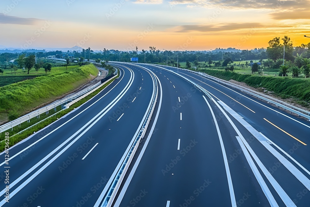 Empty asphalt highway stretching into horizon during golden sunrise Empty asphalt highway stretching into horizon during golden sunrise