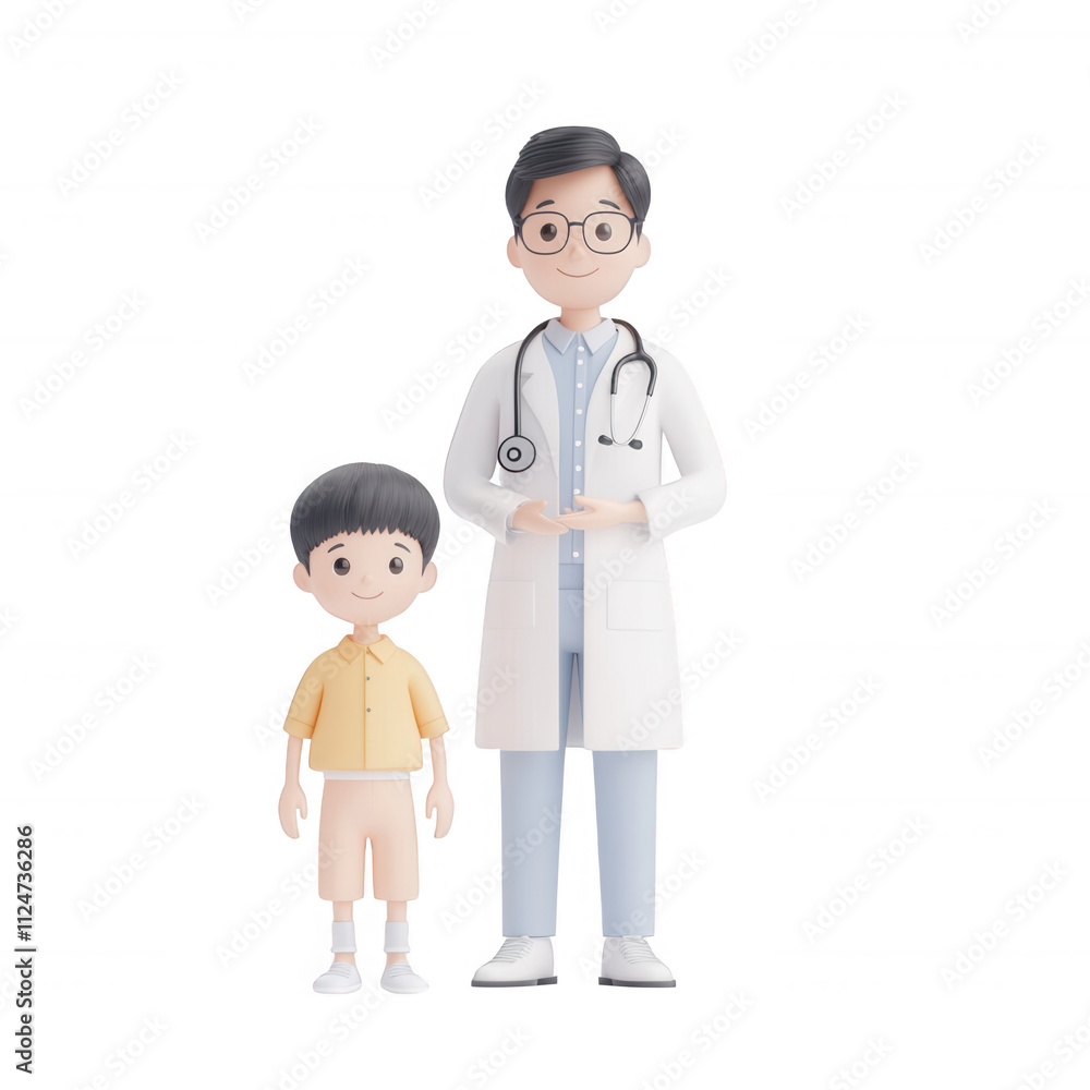 A doctor and a child standing together in a caring and friendly pose., isolated on a transparent background. A doctor and a child standing together in a caring and friendly pose., isolated on a transparent background.