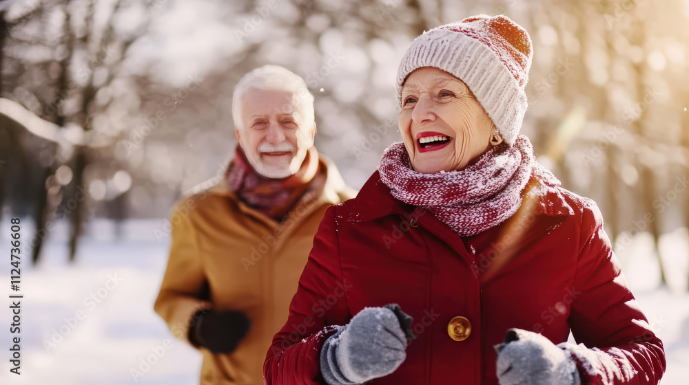 Happy elderly couple enjoying winter outdoor activity, jogging in a snowy park, smiling and dressed warmly, promoting health and wellness through exercise Happy elderly couple enjoying winter outdoor activity, jogging in a snowy park, smiling and dressed warmly, promoting health and wellness through exercise
