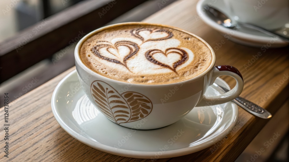 Enjoying a Beautifully Crafted Cup of Coffee With Intricate Latte Art at a Cozy Cafe During a Sunny Afternoon. Generative AI Enjoying a Beautifully Crafted Cup of Coffee With Intricate Latte Art at a Cozy Cafe During a Sunny Afternoon. Generative AI